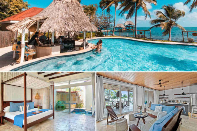 Collage of 3 pics of luxury hotel: a group of people at a beachside pool bar under a thatched roof. interior views of a resort villa with a bedroom, private pool, and living area overlooking the ocean.