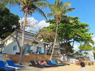 Beachfront scene with lounge chairs, palm trees, and two small buildings. A person relaxes on a chair under the clear blue sky.