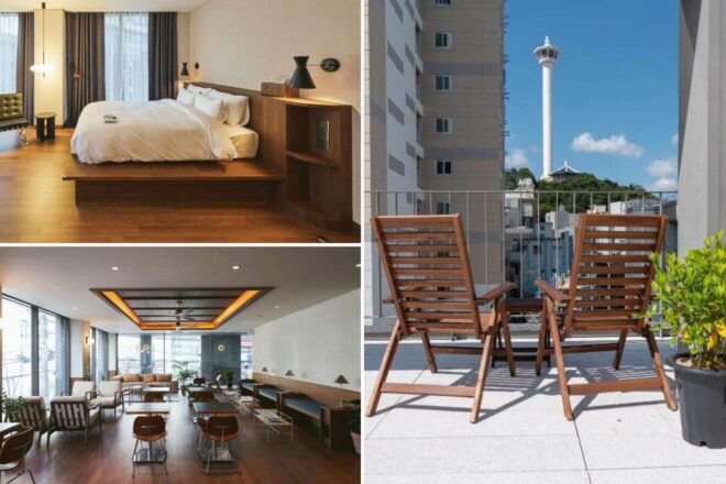 A collage of three hotel photos to stay in Busan: a bedroom with wooden floors and minimalist design, an open dining area with modern seating, and a balcony with wooden chairs and a view of the city's landmark tower.