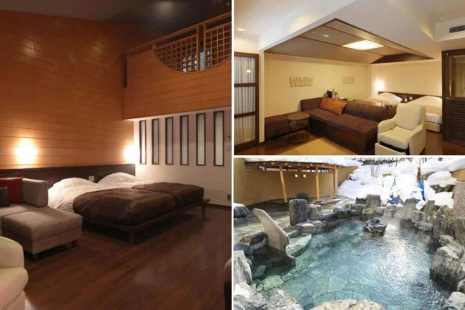 A collage of three hotel photos to stay in Sapporo: a room with a raised loft and comfortable beds, a spacious living area with modern furniture, and an outdoor hot spring surrounded by snow-covered rocks. 