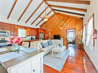 A cozy living area with wood-beamed ceiling, open kitchen, dining table, sofa, TV, and wooden walls. Bright natural light filters through the windows, with plants adding a touch of greenery.