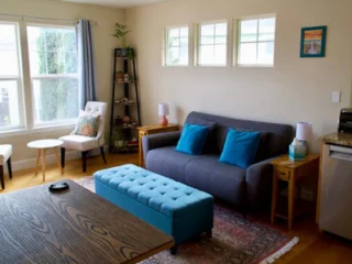 A cozy living room featuring a gray sofa with blue pillows, a matching ottoman, a wooden coffee table, and chairs by the window. The room has natural light and minimalist decor, including plants and artwork.