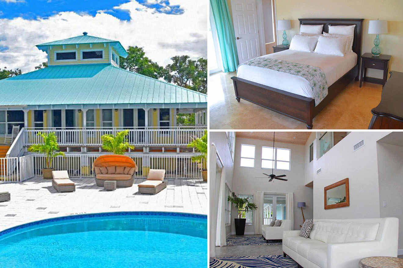 Collage of 3 pics of hotel in Key Largo: a tropical vacation rental showing an exterior view with a pool, a bedroom with a double bed, and a living area with a white couch and high ceilings.