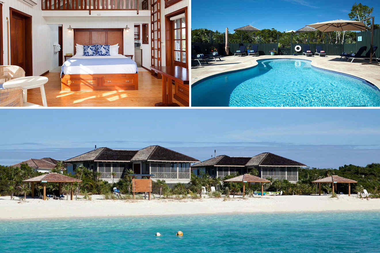 Collage of 3 pics of hotel in Exuma Bahamas: a tropical resort featuring a bedroom with a large bed, an outdoor pool area, and beachside cottages.