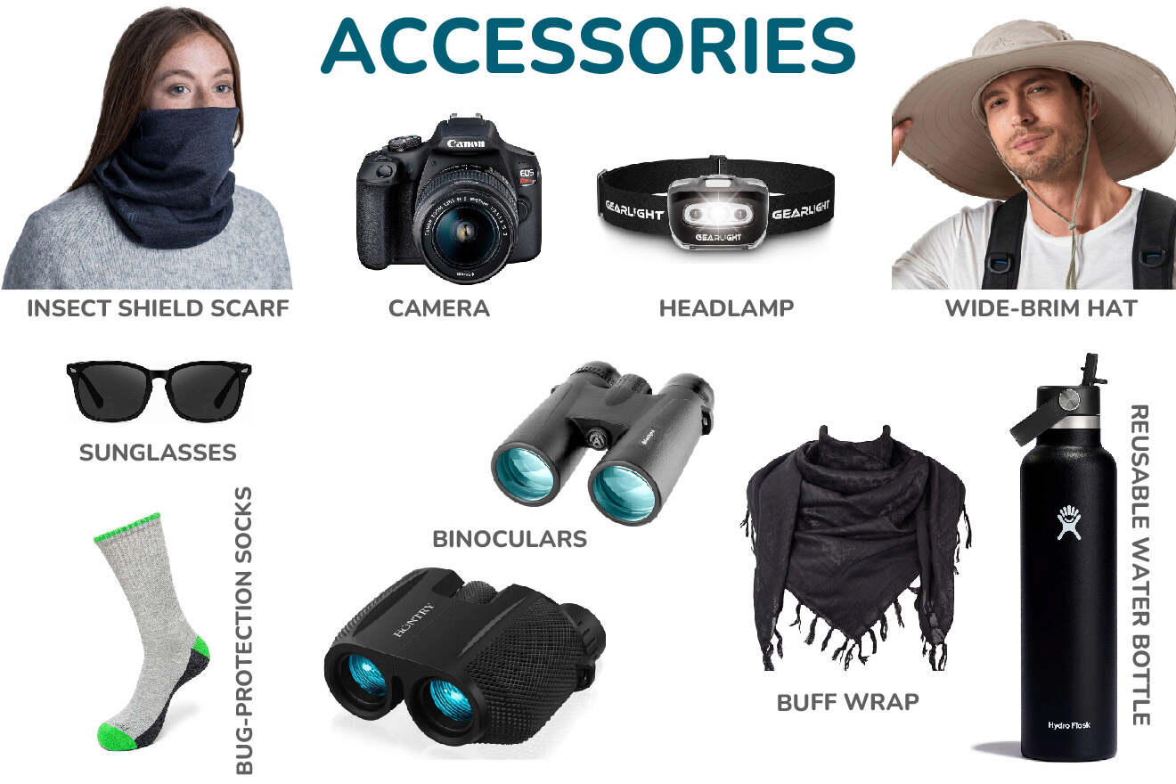 A collection of accessories including an insect shield scarf, camera, headlamp, wide-brim hat, sunglasses, bug-protection socks, binoculars, buff wrap, and a reusable water bottle.