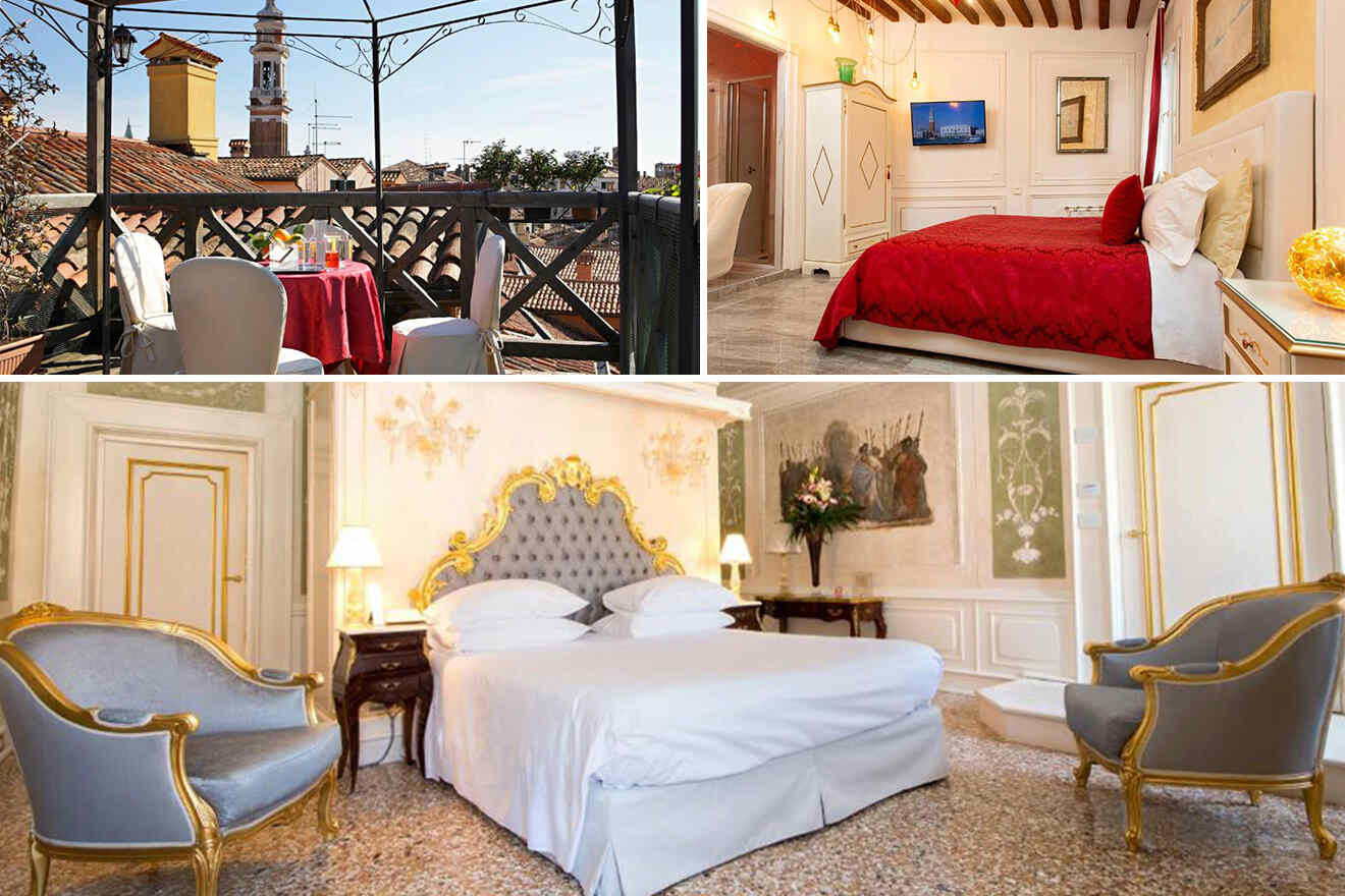 Collage of 3 pics of hotels in Cannaregio Venice: luxurious hotel rooms, one with red bedding and another with gold accents, and one image of an outdoor dining area with a view of rooftops and a tower.