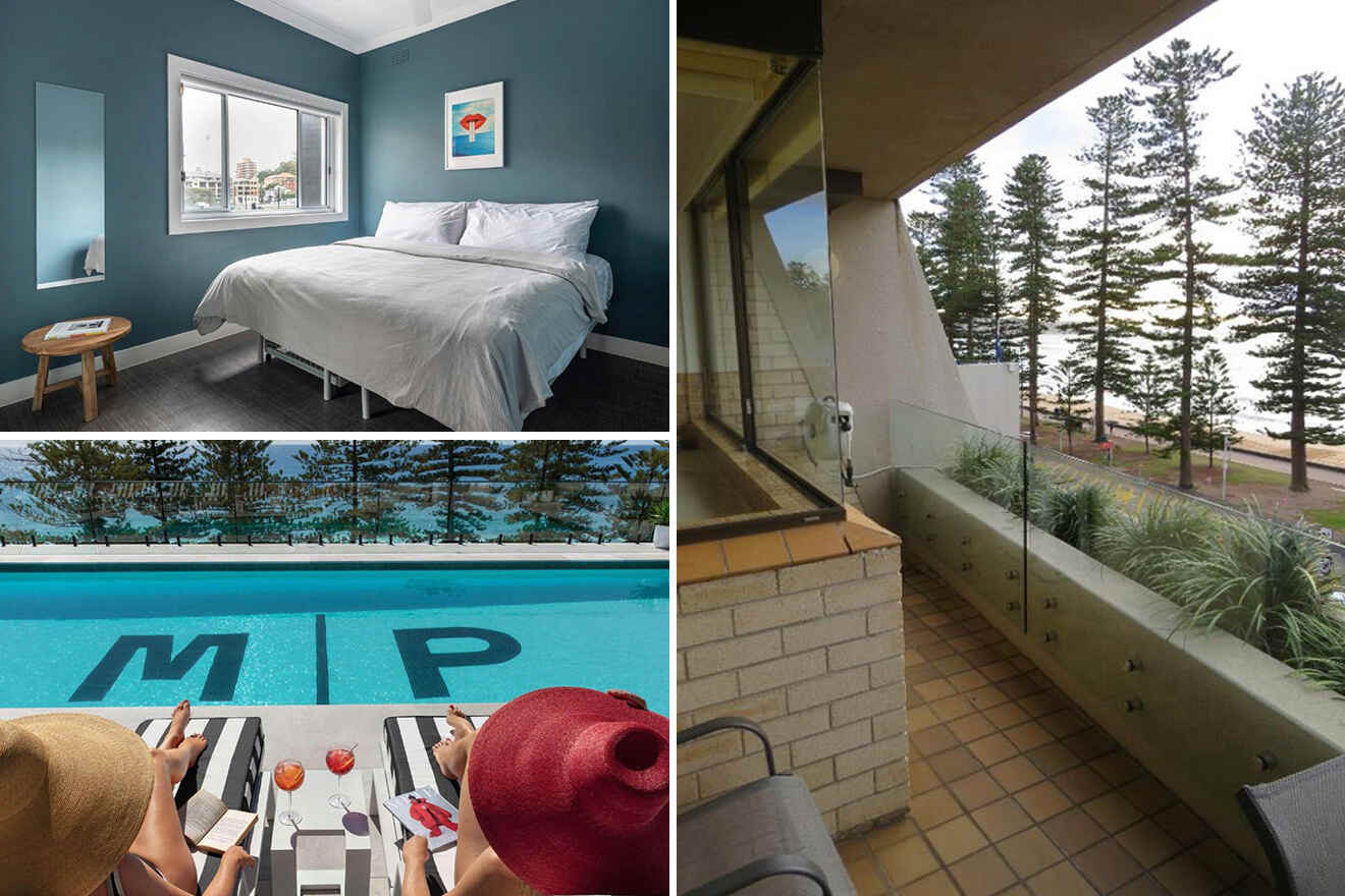 Collage of 3 pics of hotel in Manly Sydney: a large bed, a swimming pool marked "MP", and a balcony with a view of a waterfront and trees. People are lounging by the pool with drinks.