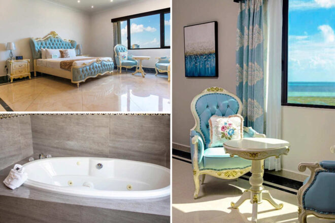 Collage of 3 pics of luxury hotel: a luxurious bedroom with elegant blue and gold decor, featuring a king-sized bed, seating area by large windows with ocean views. An adjacent bathroom has a spa tub, and there's a cozy seating nook.