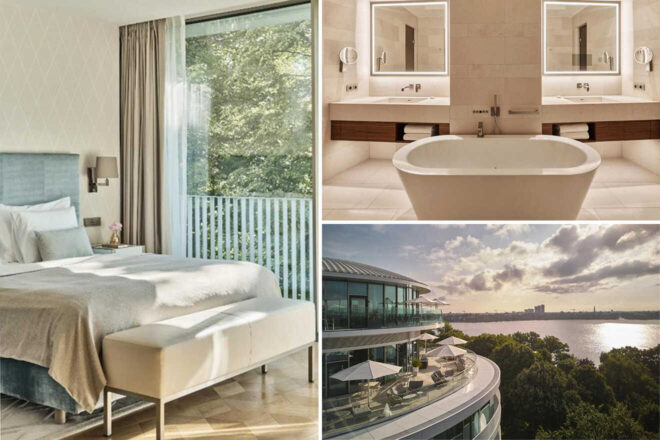 Collage of 3 pics of luxury hotel: a modern hotel room with a bed, a bathroom featuring a bathtub and double sinks, and an outdoor terrace with seating overlooking a scenic landscape.