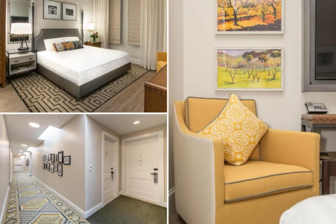 A collage of three hotel photos to stay in Sonoma: a cozy room with a patterned rug and yellow armchair, a hallway with framed pictures on the walls, and a close-up of a cushioned chair with a decorative pillow. 