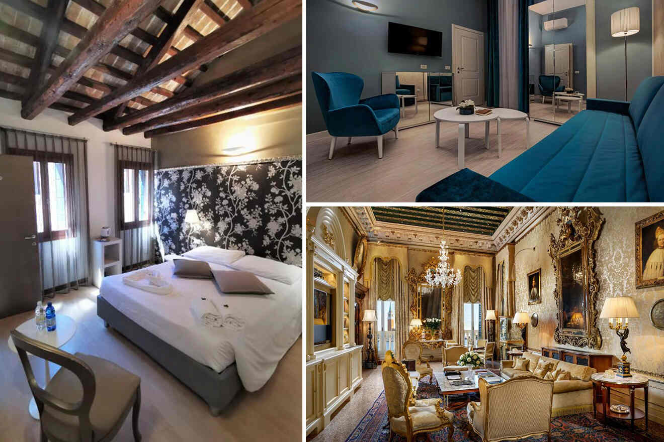 Collage of 3 pics of hotels in Castello Venice: a bedroom with exposed wooden beams, a modern living room with blue furniture, and an ornate, antique-style living room with chandeliers and paintings.