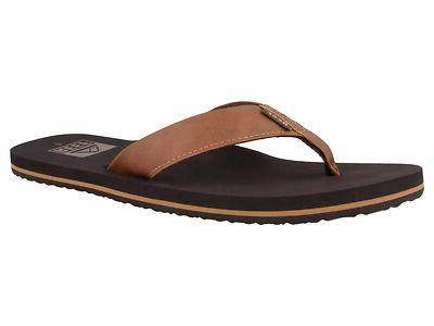 A brown leather flip-flop with a black sole displayed against a white background.