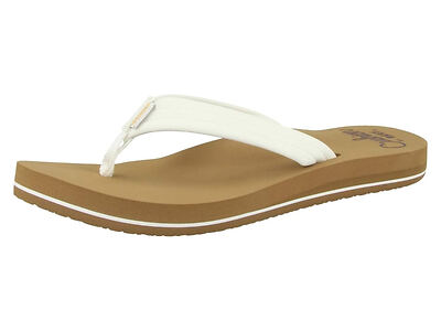 A single white flip-flop with a brown sole and white stripe detail, shown from a side angle against a plain background.