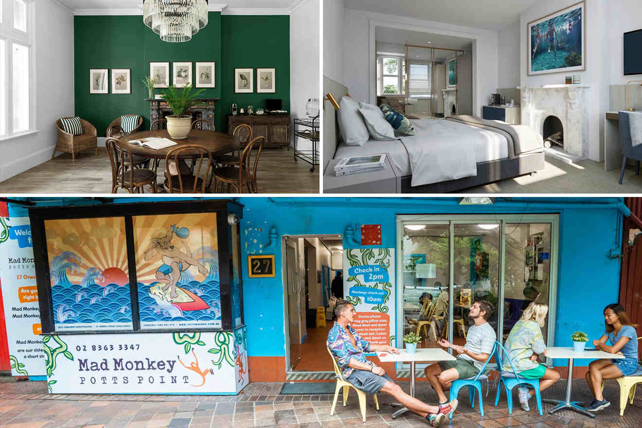 Collage of 3 pics of hotel in Potts Point Sydney: a dining room with a green accent wall, a bedroom with a fireplace, and a group of people seated outside a colorful establishment named "Mad Monkey Potts Point.