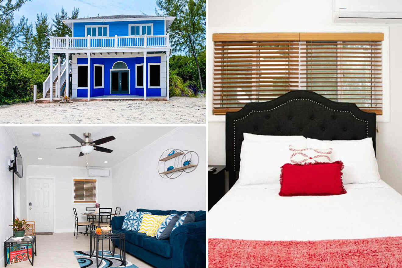 Collage of 3 pics of hotel in Exuma Bahamas: a blue two-story house with a porch, a living room with a blue sofa, table, and ceiling fan, a bedroom with a black headboard bed, white bedding, and red cushion.