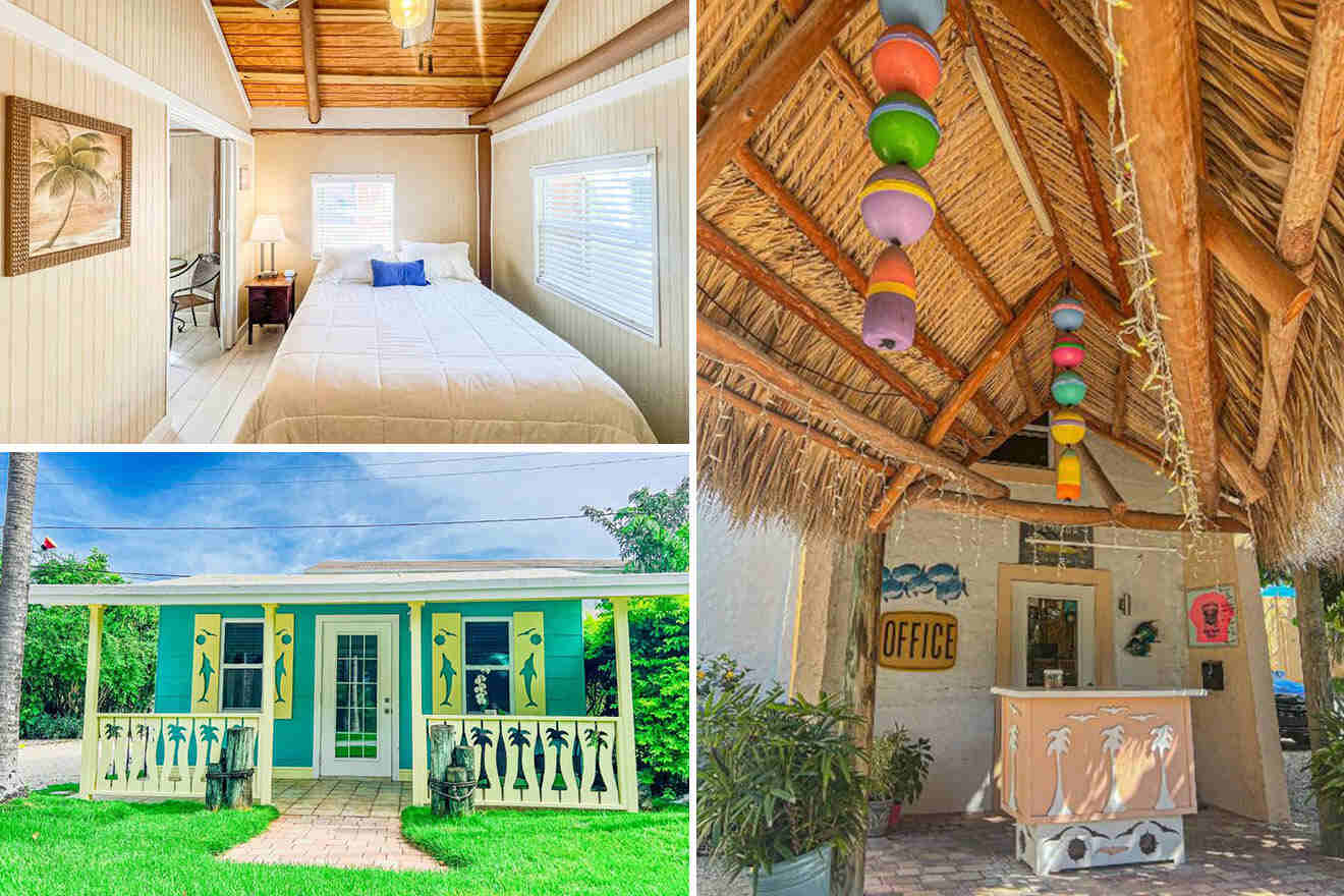 Collage of 3 pics of hotel in Key Largo: a bedroom with a double bed, a colorful cabana-style reception area with hanging lights, and an exterior view of a tropical-themed house with a sign that reads "office.