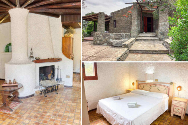 Collage of 3 pics of luxury hotel: a rustic stone house exterior, a cozy living area with a white fireplace, and a bedroom with a neatly made bed, white bedding, and a wooden headboard with red floral designs.