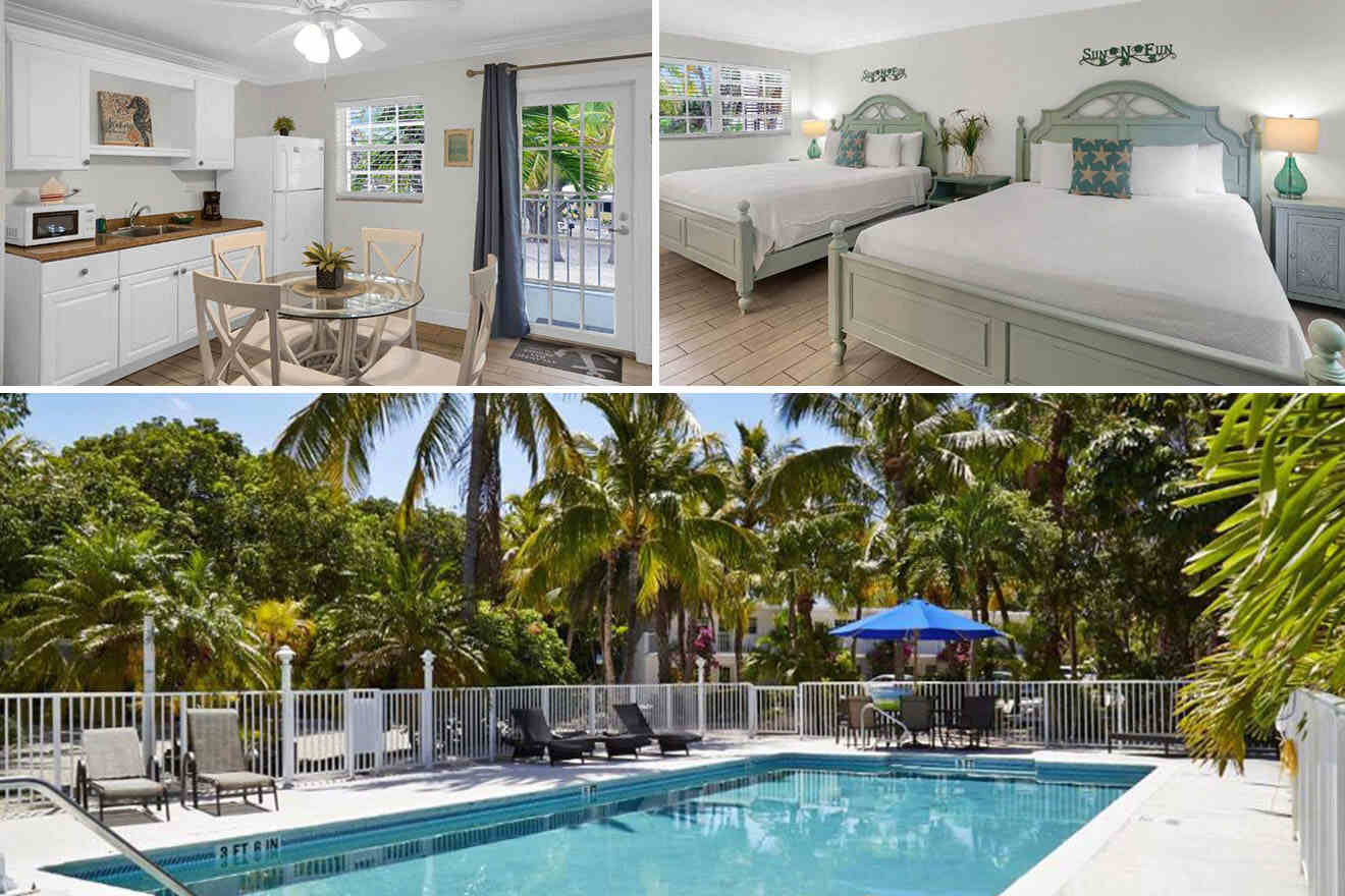 Collage of 3 pics of hotel in Key Largo: a small kitchen and dining area, a bedroom with two beds, and an outdoor pool with lounge chairs surrounded by palm trees.