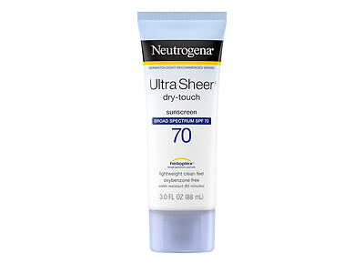 A 3-ounce tube of Neutrogena Ultra Sheer dry-touch sunscreen with SPF 70, featuring Helioplex technology for broad-spectrum protection.