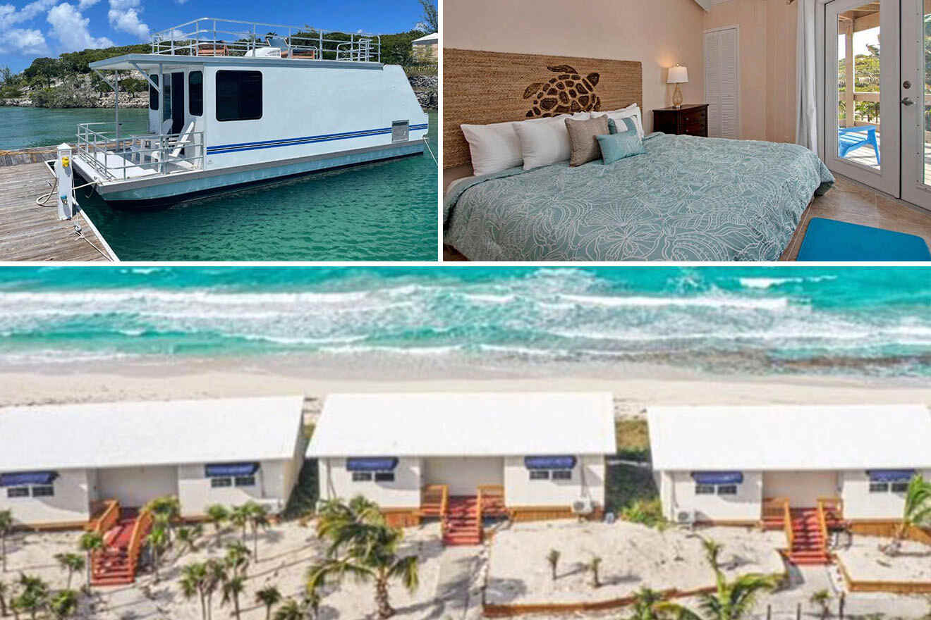 Collage of 3 pics of hotel in Exuma Bahamas: a docked houseboat, a bedroom with coastal decor, and beachfront cabins with a view of the ocean.