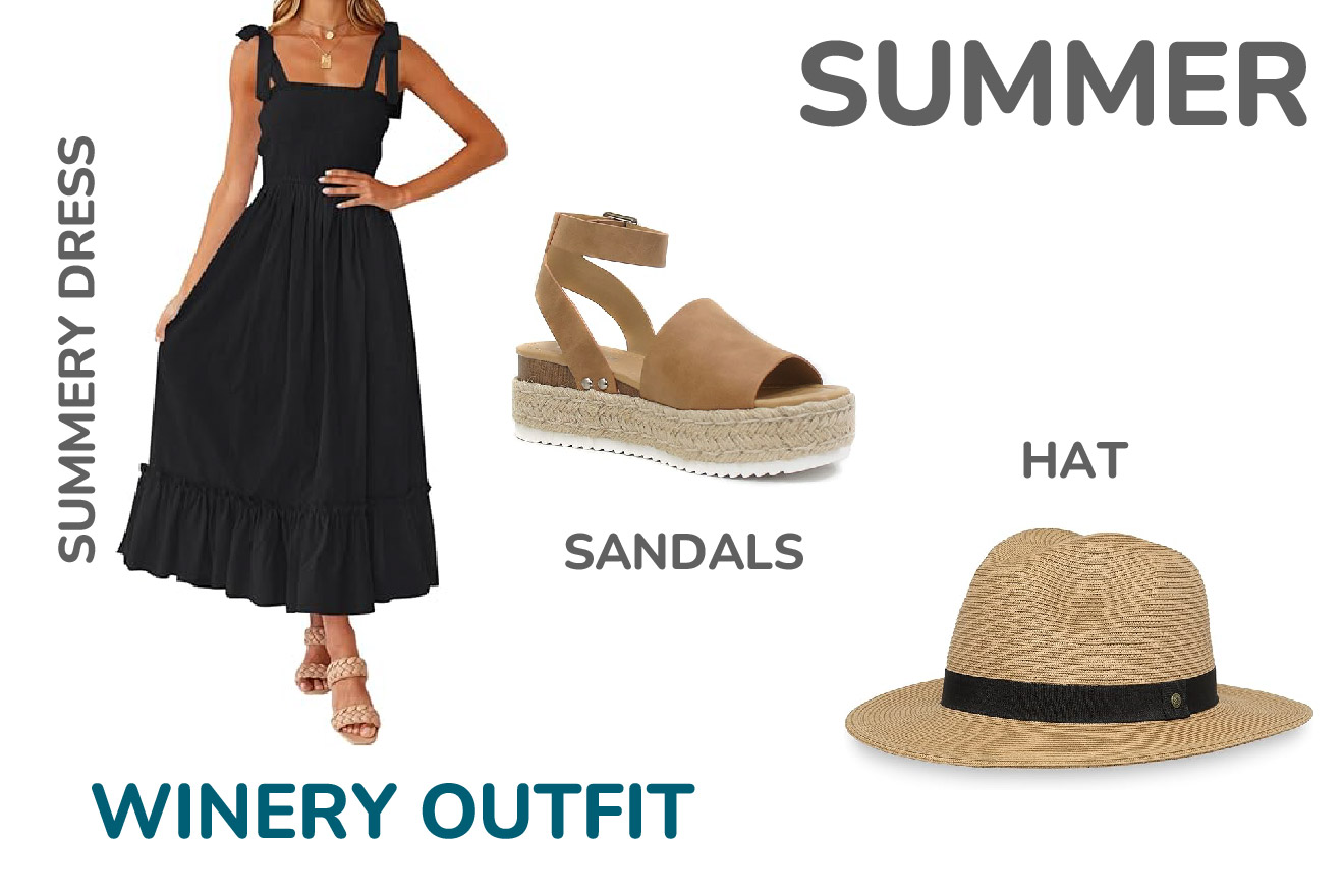 Woman wearing a black summer dress with brown heeled sandals and a straw hat, labeled as a "WINERY OUTFIT" with the word "SUMMER" in the background.