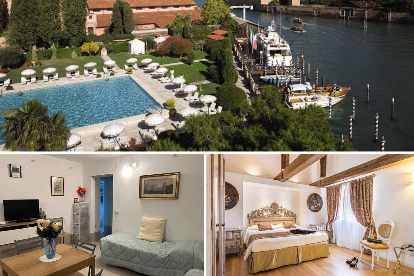 Collage of 3 pics of hotels in Giudecca Venice: a riverside hotel with an outdoor pool, and two indoor shots: one showing a living room with a sofa and furniture, the other a bedroom with a double bed and elegant decor.