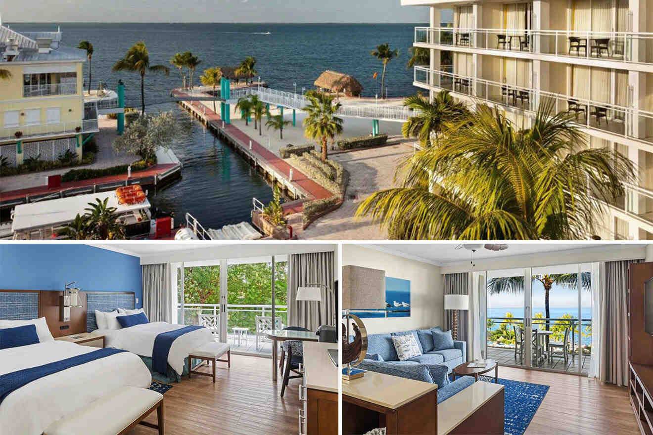 Collage of 3 pics of hotel in Key Largo: a marina, palm trees, and dock. The collage shows two interior views: a twin bed room and a living area with a balcony that overlooks the sea.