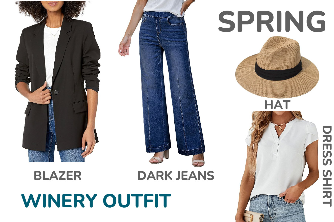 Collage showing a winery outfit consisting of a black blazer, dark jeans, white dress shirt, and a brown spring hat.