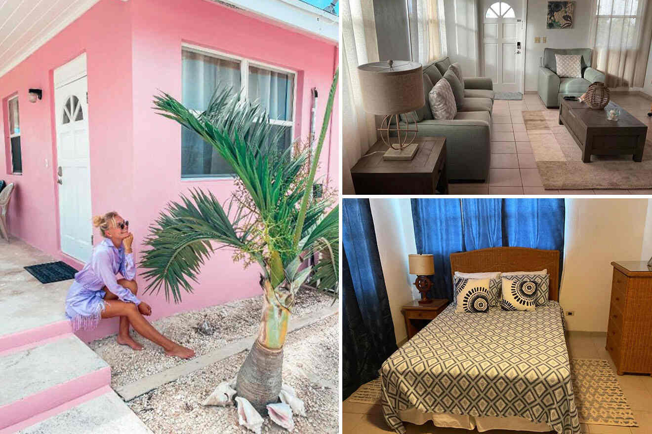 Collage of 3 pics of hotel in Exuma Bahamas: a pink house exterior with a woman sitting on the steps, a living room with seating and a bedroom with a patterned bedspread.