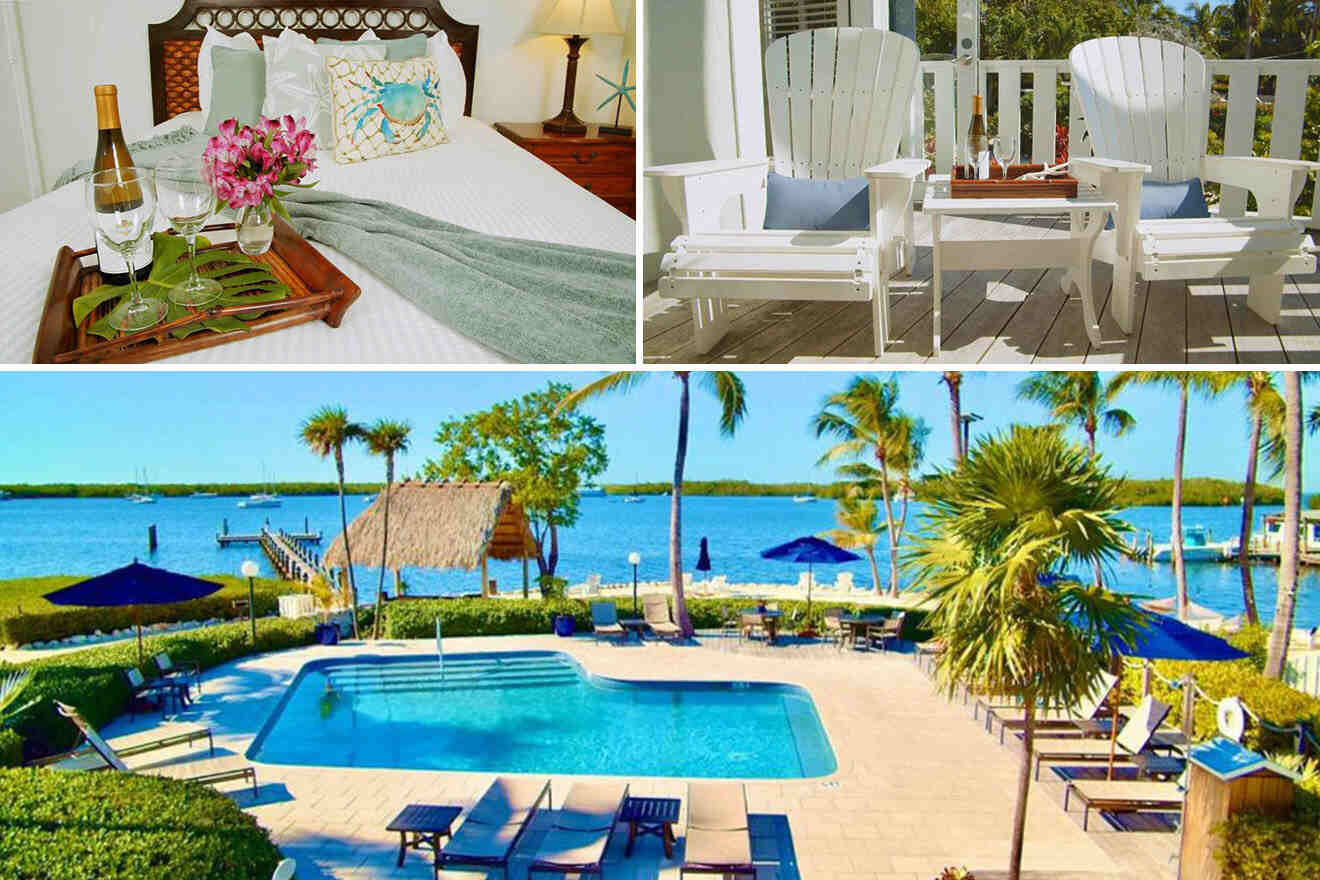 Collage of 3 pics of hotel in Key Largo: a cozy bedroom with a tray of wine, outdoor patio seating with two white chairs, and a view of a pool area with lounge chairs and umbrellas, overlooking a waterfront scene.