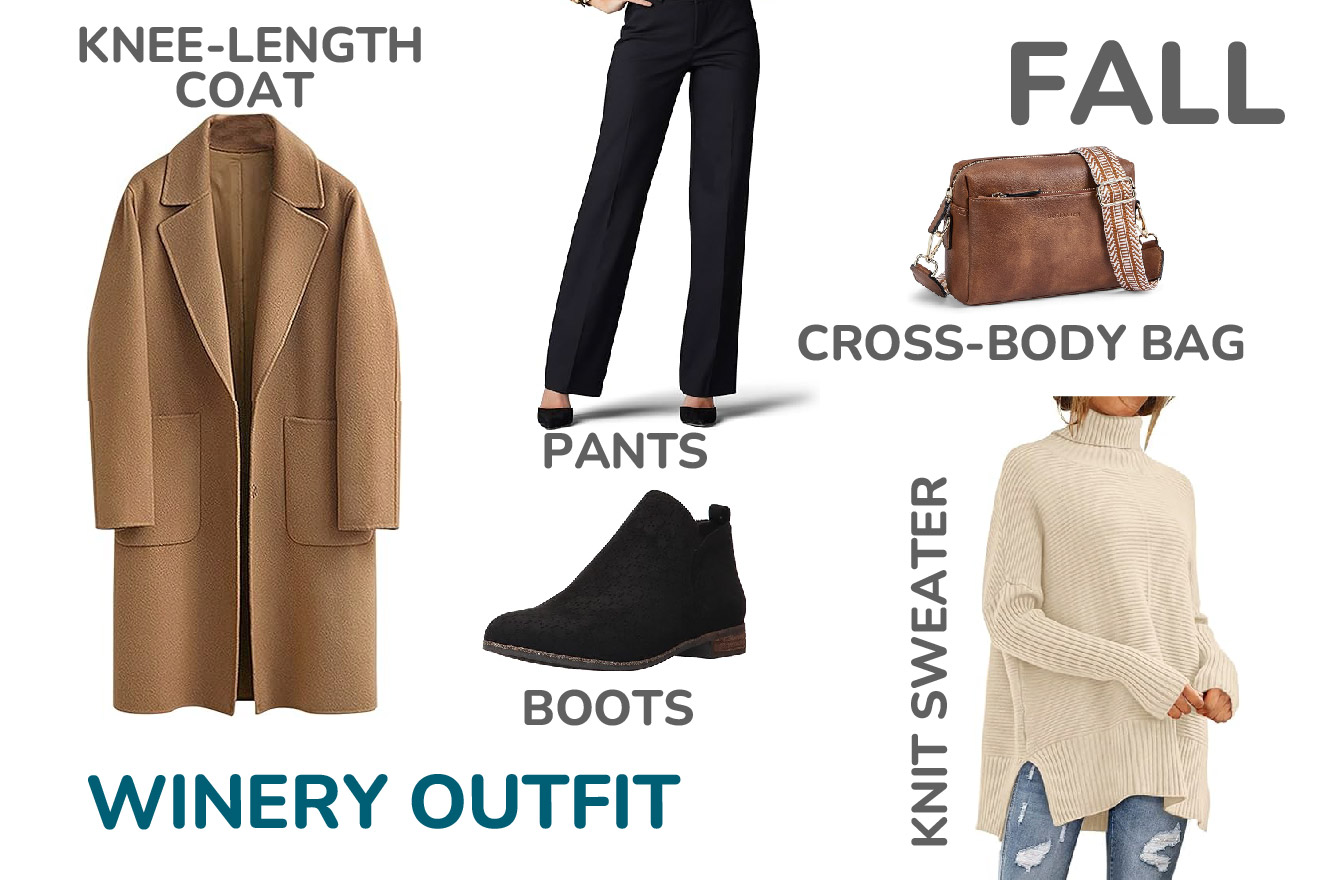 Image showing a winery outfit for fall, including a knee-length coat, pants, cross-body bag, boots, and knit sweater.