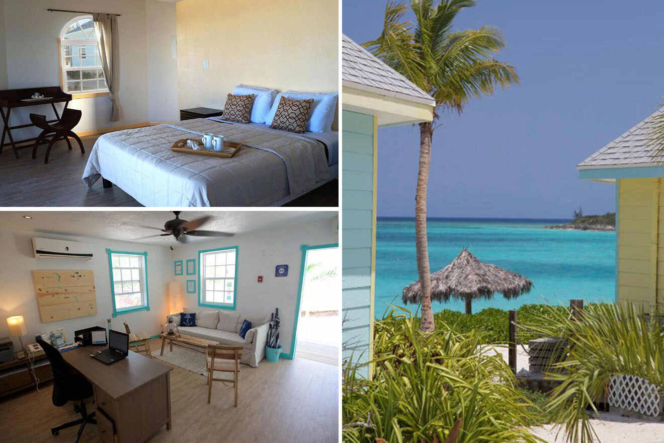 Collage of 3 pics of hotel in Exuma Bahamas: a cozy bedroom with a desk, a living room with a desk and couch, and an outdoor view of a beach with turquoise water and palm trees.