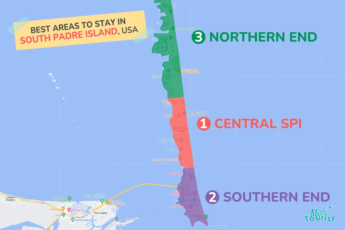A colorful map highlighting the best areas to stay in South-Padre-Island with numbered locations and labels for easy navigation