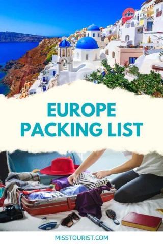 A person is packing a suitcase with clothes, accessories, and toiletries. The text "EUROPE PACKING LIST" is displayed prominently above the scene featuring a coastal town with white buildings and blue domes.