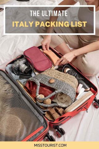 Person packing a suitcase with various travel items including a camera, hats, toiletries, and clothing. Text on image: 