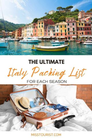 The image shows a travel guide titled "The Ultimate Italy Packing List for Each Season" by Miss Tourist, with a vibrant harbor scene and an open suitcase on a bed containing travel essentials.