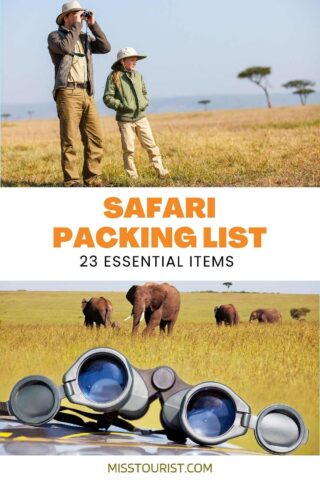 Cover of a safari packing list guide showing two people observing wildlife with binoculars and elephants in the background. Text reads "Safari Packing List: 23 Essential Items.