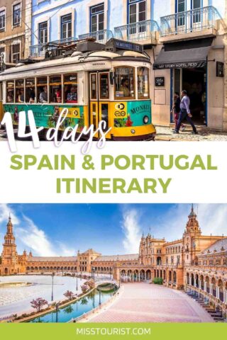 The image shows a 14 days Spain & Portugal itinerary with a photograph of a tram in Lisboa and another of Plaza de España in Seville. The website name 