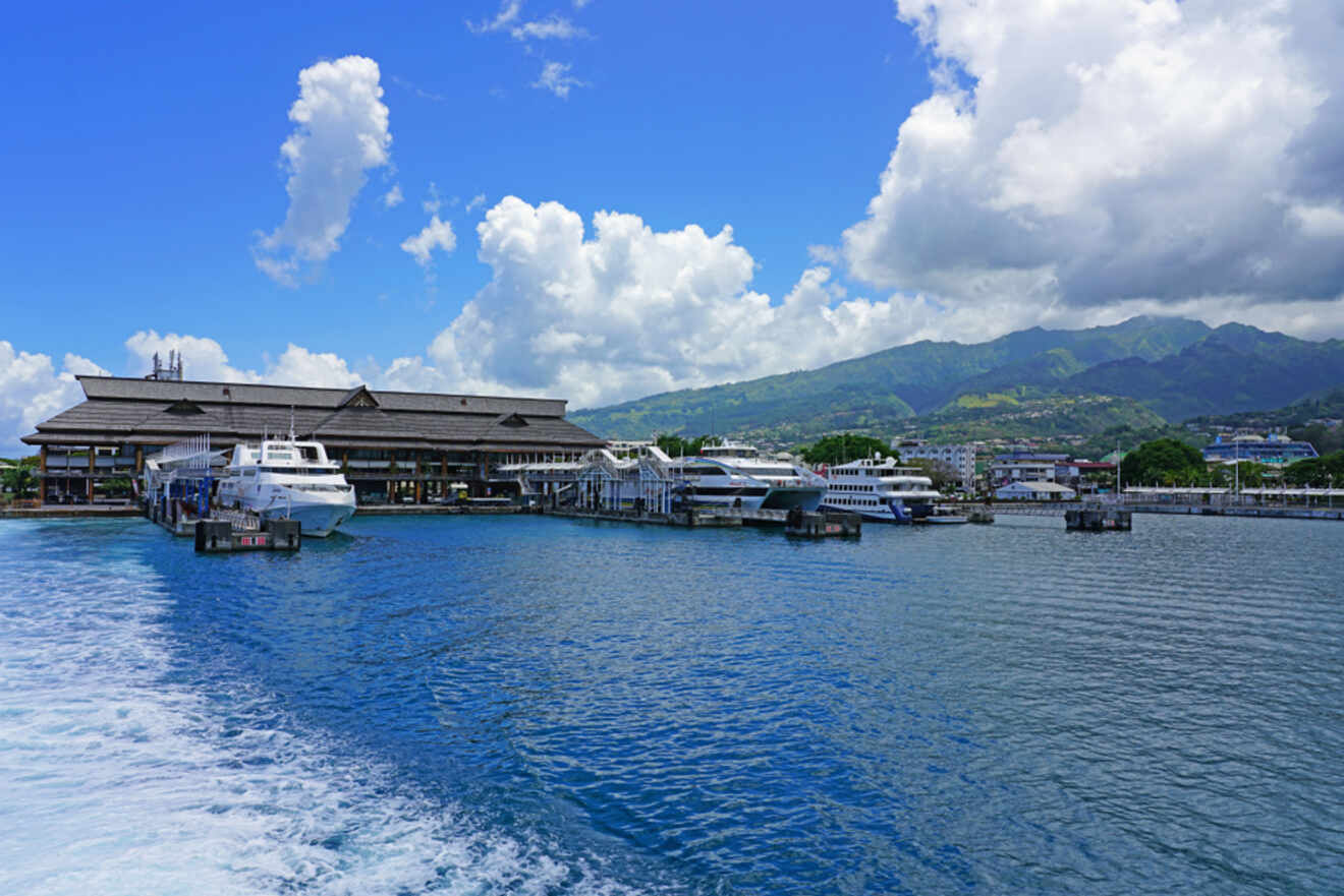 Multiple ferries docked at a busy ferry terminal with mountains and cloudy blue sky in the background.