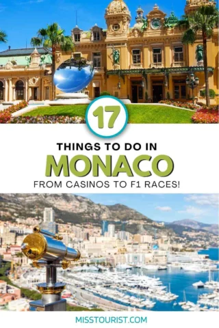 Promotional image with text: "17 Things to Do in Monaco: From Casinos to F1 Races!" featuring a scenic view of Monaco, including a casino and a marina.