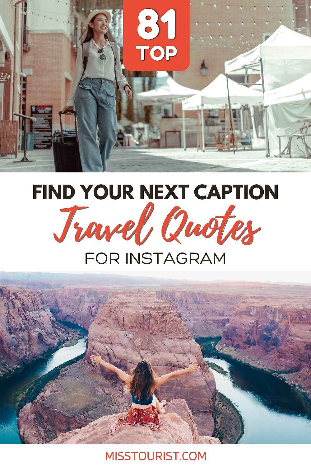 Image of a blog cover featuring a woman with a suitcase walking down a street, and another woman sitting at the edge of a canyon. Text reads, "81 Top Travel Quotes for Instagram.