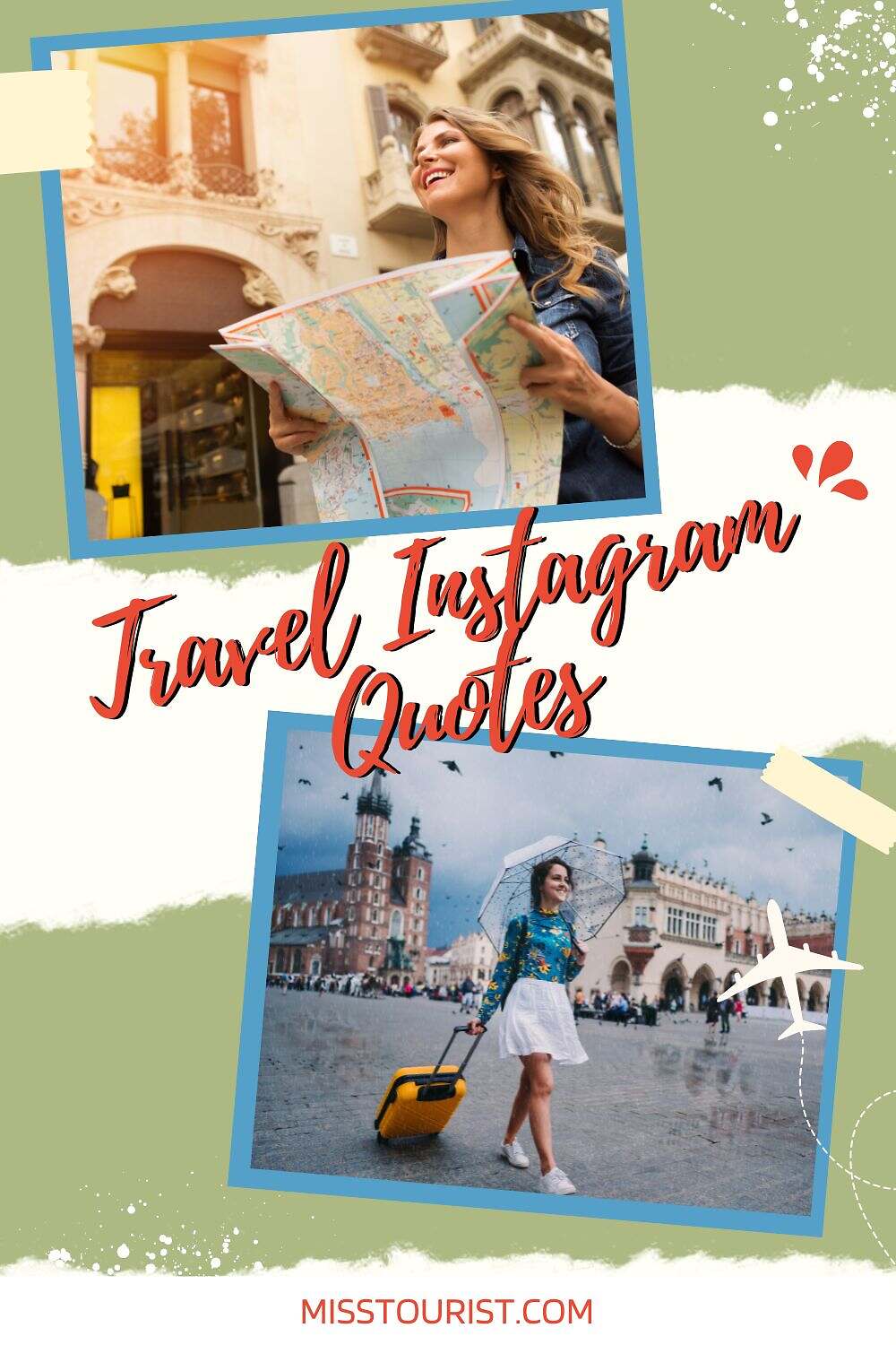 Collage with a woman holding a map and another woman walking with a suitcase, overlaid with text "Travel Instagram Quotes" and the website "MISSTOURIST.COM".