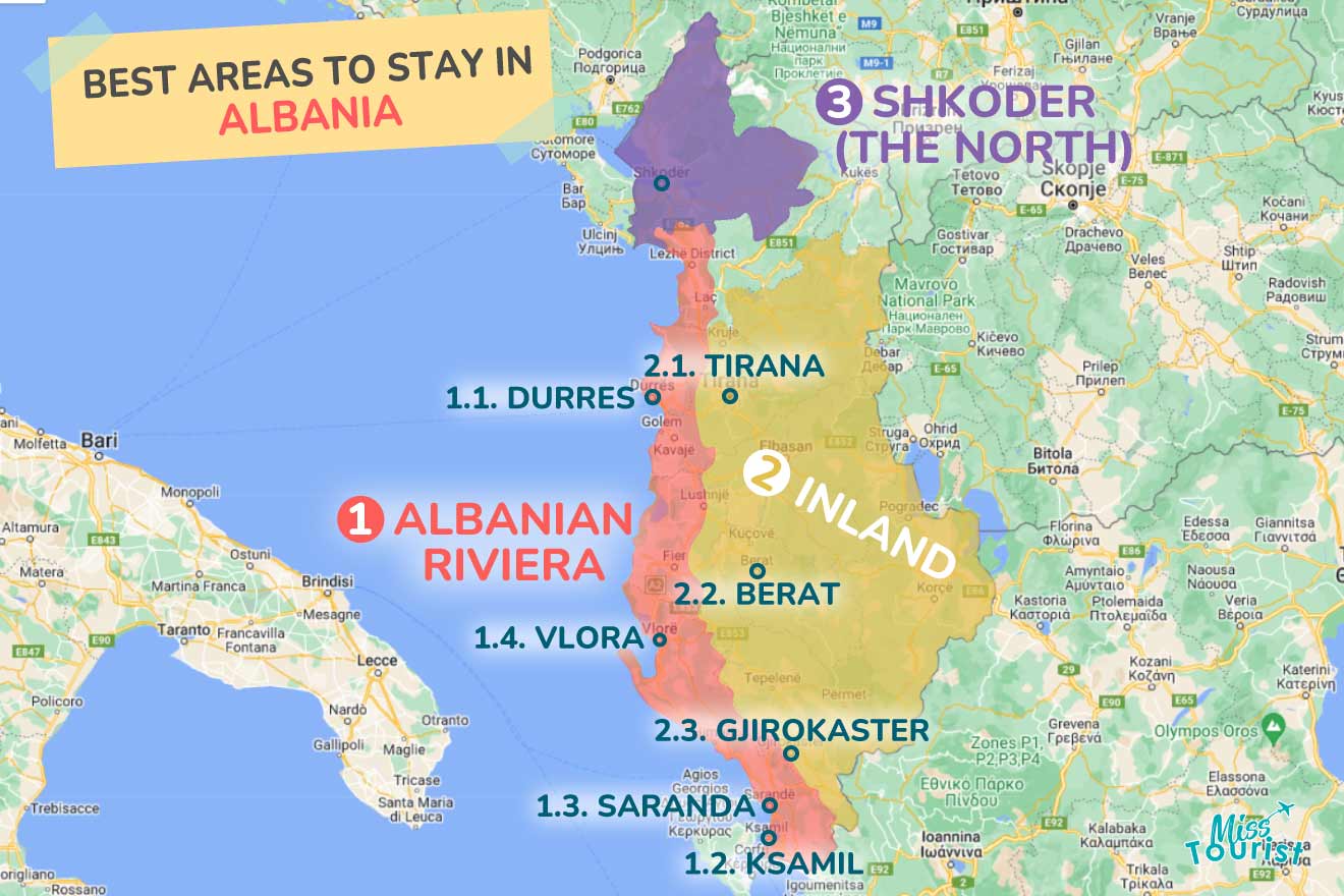 A colorful map highlighting the best areas to stay in Albania with numbered locations and labels for easy navigation