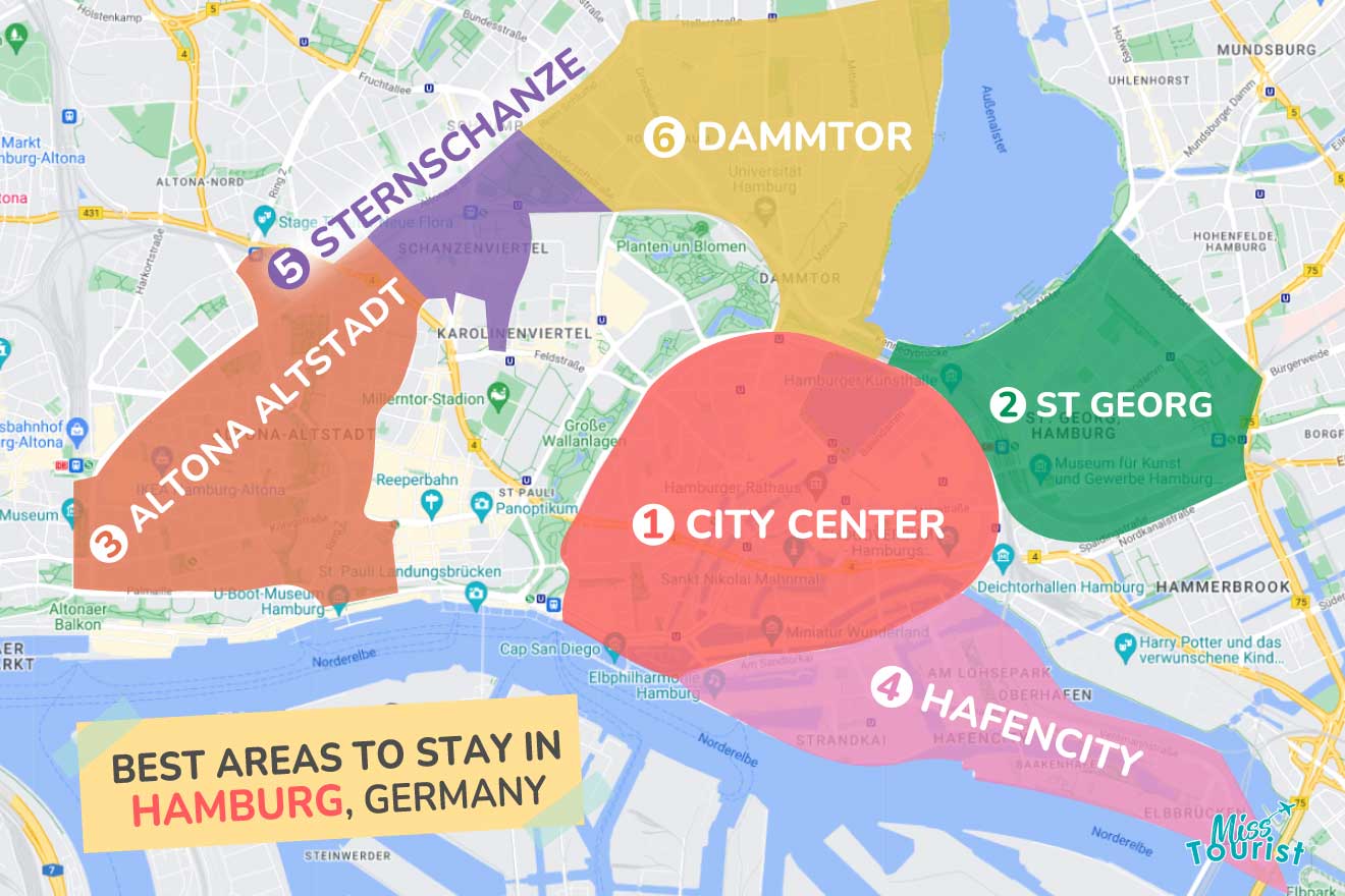 A colorful map highlighting the best areas to stay in Hamburg with numbered locations and labels for easy navigation