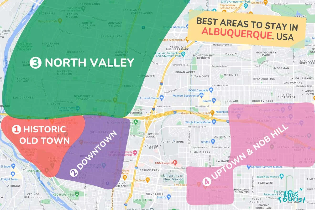 A colorful map highlighting the best areas to stay in Albuquerque with numbered locations and labels for easy navigation