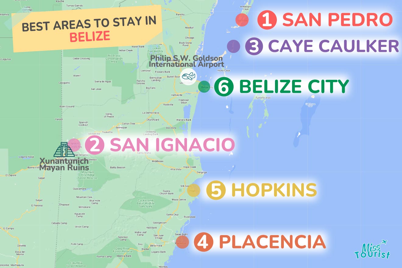 A colorful map highlighting the best areas to stay in Belize with numbered locations and labels for easy navigation