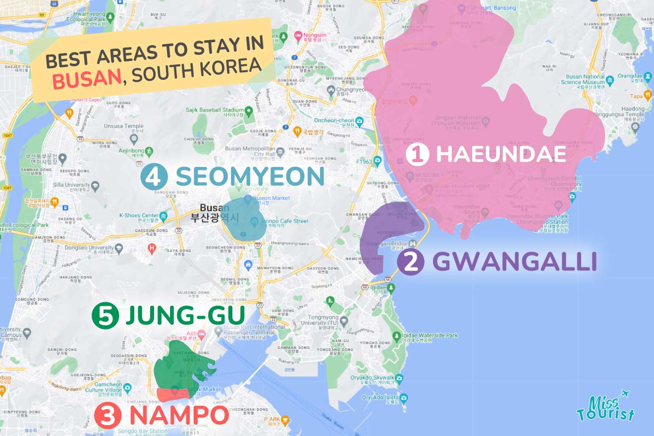 A colorful map highlighting the best areas to stay in Busan with numbered locations and labels for easy navigation