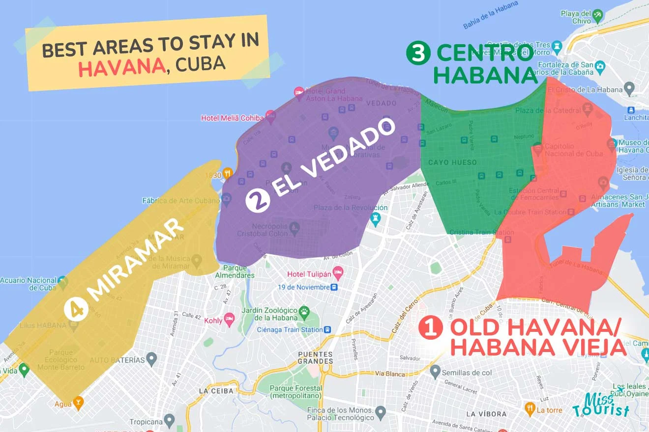 A colorful map highlighting the best areas to stay in Havana with numbered locations and labels for easy navigation