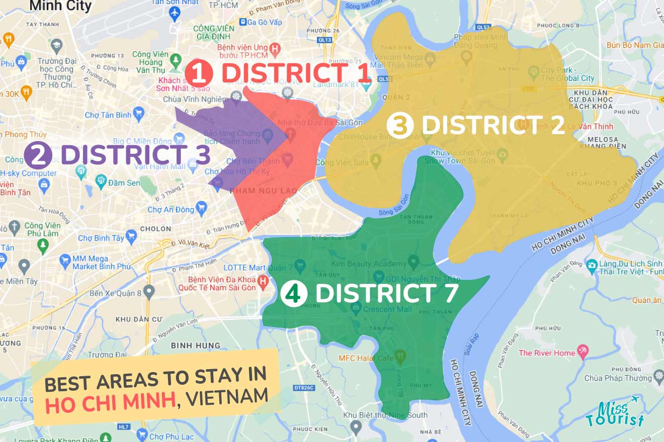 A colorful map highlighting the best areas to stay in Ho-Chi-Minh with numbered locations and labels for easy navigation