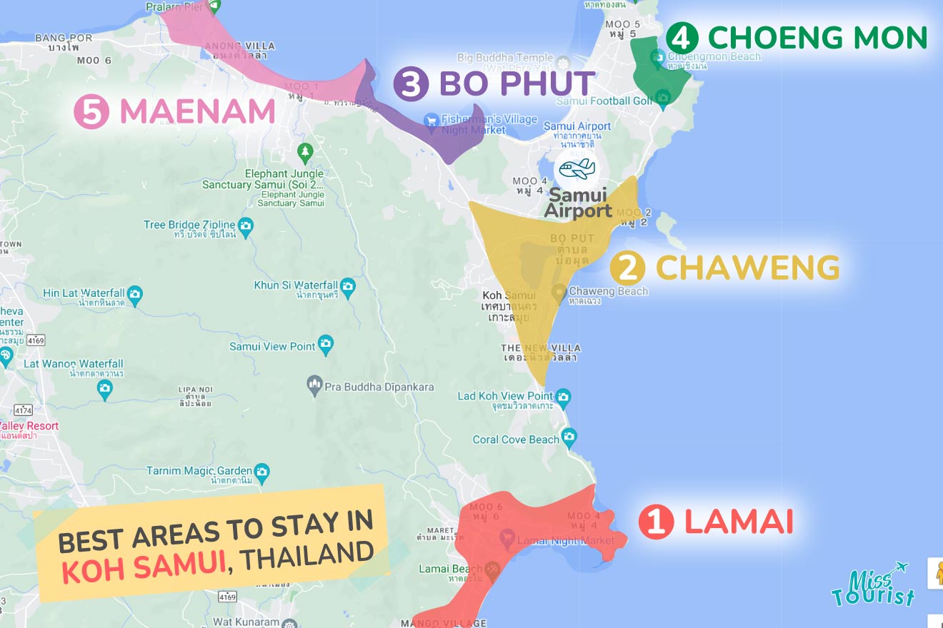 A colorful map highlighting the best areas to stay in Koh-Samui with numbered locations and labels for easy navigation